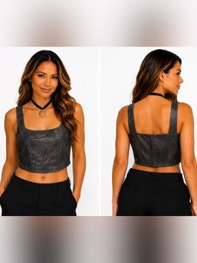 Madden NYC Smoke Gray Vegan Leather Corset Crop Top NWT Size L